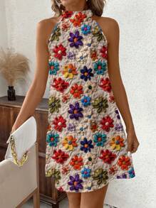SHEIN Clasi Crochet Lace Print Halter Neck Women's Dress, Suitable For Summer Beach Wear Women's Summer Clothes Summer Outfits For Women Country Outfits Women  Floral Summer Dress Women Flower Print Dress Colorful Flower Dress Summer Dresses For Vacation Sundresses For Women,Boho Clothes Women Suitable For Going Out