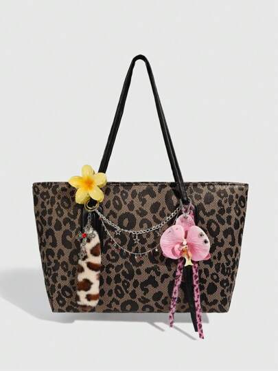 Grunge Punk 1pc Vintage Sexy Leopard Print Tote Bag For Women, With Butterfly Orchid Decor And Chain Strap, Millennium Shoulder Bag