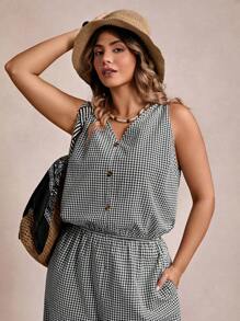 SHEIN VCAY Bộ đồ liền thân ống rộng không tay họa tiết ca rô đen trắng cỡ lớn cho nữ - Đen và trắng - Xem 5