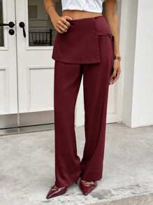 Siren Gaze 时尚双层设计修身裤，灰色女士通勤长裤 - 酒紅色 - 查看 5