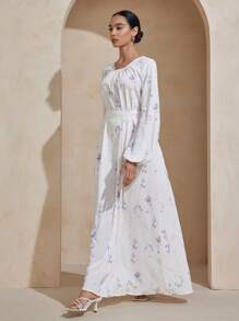 Graceveil Damen Kleid mit digitalem Muster, Rundhalsausschnitt, Langarm, Gürtel, schlicht & elegant im arabischen Stil
