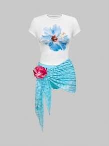 ROMWE Avant Y2K Summer Beach Resort Hibiscus Print English Rhinestone Wrap Skirt & Sheer Tee 2 Pieces Set For Women - Blue - View 2