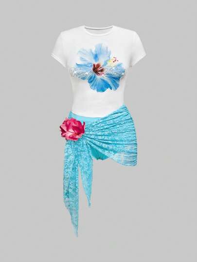 ROMWE Avant Y2K Summer Beach Resort Hibiscus Print English Rhinestone Wrap Skirt & Sheer Tee 2 Pieces Set For Women