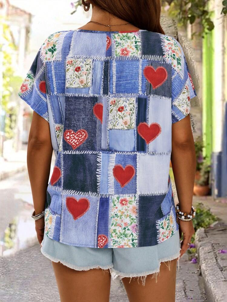 Plus Size Women's Casual Floral & Heart Print Shirt, Resort Style,Tunic Top,Going Out Tops Women,Summers For Women,Country Concert,Vacation Tops,Bohemian Clothes,Countrys Women,Beaches For Woman,Fall Women Clothes Bohemian Clothes,Springbreak,Raves