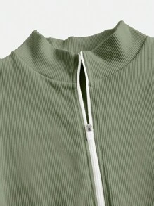 Easithlete 女士纯色拉链短袖连体裤，农历新年休闲日常穿着 - 橄欖綠 - 查看 5