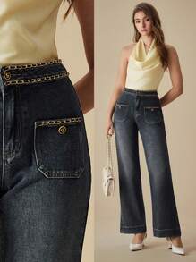 SHEIN MOD 大码时尚链条装饰牛仔裤 - 藍色 - 查看 5