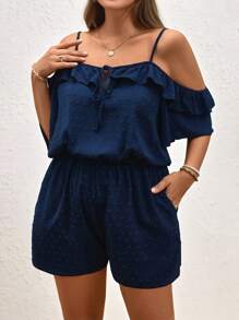 INAWLY Plus Size Women Holiday Solid Ruffled Off-Shoulder Fashionable Jumpsuit - Navy Blue - View 6