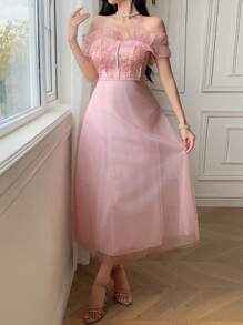 DAZY 女士优雅亮片装饰荷叶边下摆中长连衣裙 - 粉色 - 查看 5