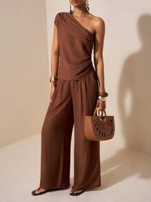 Zivah 2 件 2025 春夏新品系列音乐节、复活节、圣帕特里克节、西部风格、游牧风格、生日派对、毕业季、学校风格、日常穿着、百搭多功能、休闲、度假、邮轮旅行、沙滩装、日光浴、时尚、街头服饰、婚礼嘉宾波西米亚风格、通勤风格、早午餐装、机场时尚亚麻 2 件不对称褶皱上衣和阔腿裤套装 - 棕色 - 查看 7