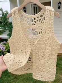 Comfortcana Áo len cardigan mỏng không tay khoét lỗ họa tiết hoa trơn màu cho nữ - Màu Khaki - Xem 7