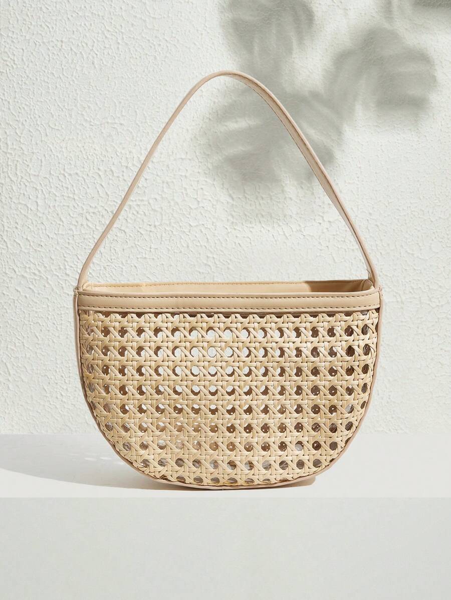 SHECARRY 女士时尚优雅百搭简约夏季镂空藤条手提包 - 杏色 - 查看 1