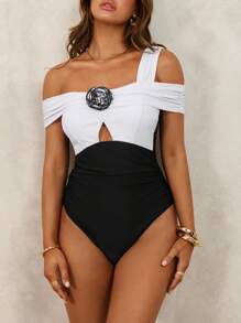 Swim Chiccia Summer Bestselling Beachside Casual Vacation Contrast Color One-Piece Swimsuit - Black and White - View 5
