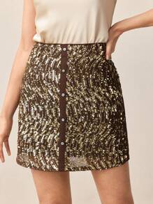 BizChic Women's Brown And Gold Embellished Skirt,Elegant Autumn Cocktail Party Skirt,Night Out Wedding Guest Business Casual Everyday Wear,90s Vintage Skirt - Yellow - View 4