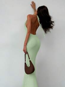 Aloruh Apricot Backless Summer Knitted Dress With Tie Up Neck, Slim Fit Holiday & Date Night Dress For Women