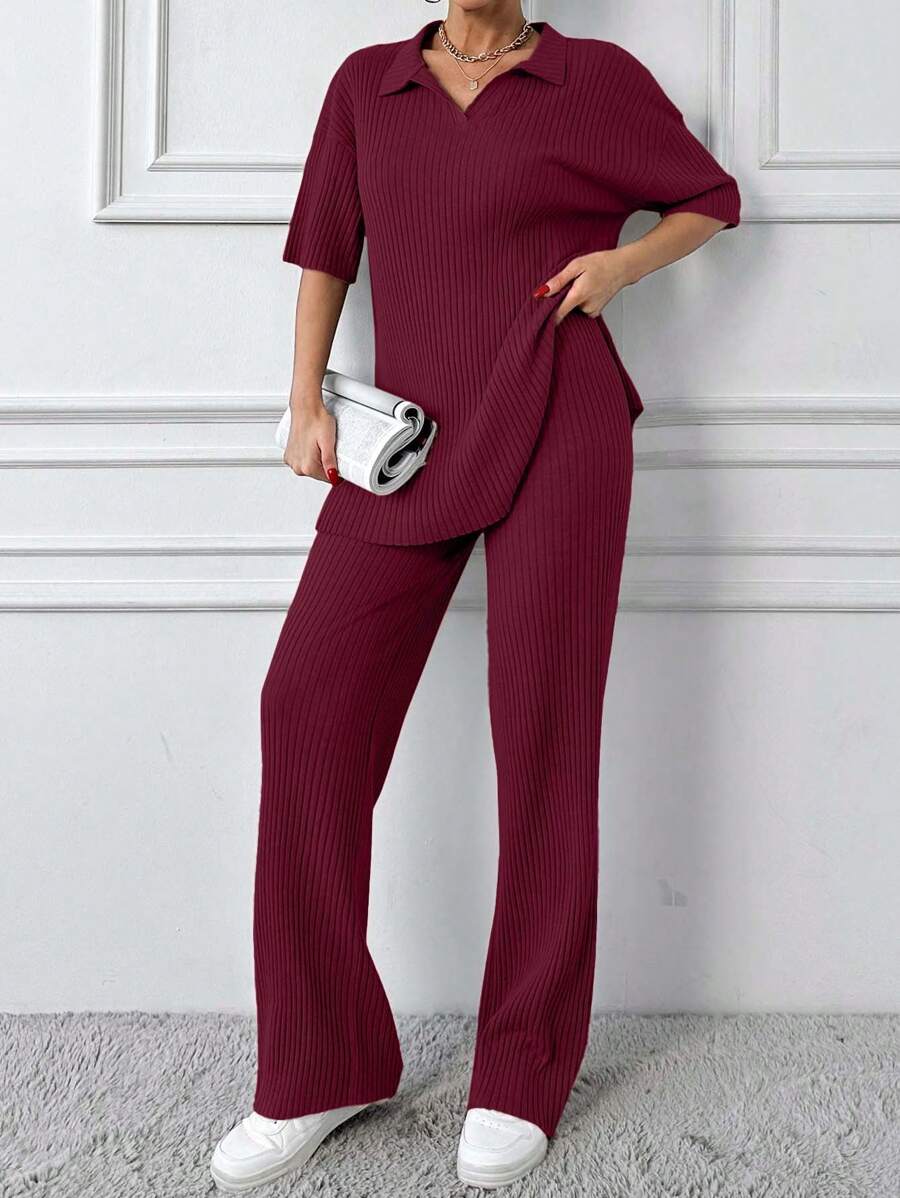 EURMUSE Cotton Two Pieces Set Polo Neck Top And Pant Set Rib Knit Fabric - Burgundy - View 1