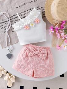 Baby Girls Cute Stylish Asymmetrical Shoulder Floral Decor Top With Pair Of Pink Bow Elastic Waist Shorts Set, Summer-Autumn Baby Girl Clothes Baby Girl Summer Clothes Baby Girl Shorts Set Toddler Girl Summer Outfit 2 Piece Baby Girl Set