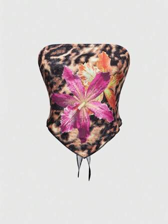 Grunge Punk Top corto estivo da spiaggia, stile western retrò, sexy, con stampa floreale e leopardata, senza spalline e con lacci