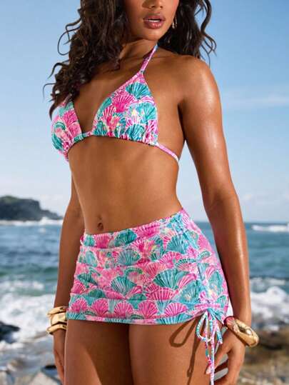 Opulessa Conjunto de bikini de 2 piezas con estampado de concha, sexy, con cierre en el cuello, para mujer. Perfecto para la playa en verano