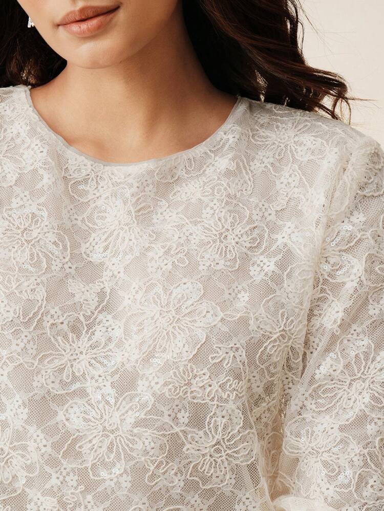 Women's Hollow-Out Lace & Sequin Decor Long Sleeve Elegant Blouse, Summer