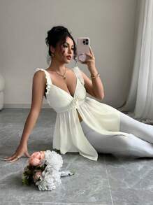 Elenzga Vintage French Elegant Ruffle Hem Design Front Tie Camisole, Suitable For Music Festivals - Apricot - View 6