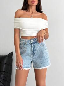 SHEIN SHORT DE MEZCLILLA DE TALLE ALTO CASUAL AZUL CON PIEDRAS