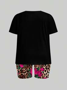 Slaydiva 2 Pieces Plus Size Casual Loose Rose & Leopard Lip Graphic Print Round Neck Short Sleeve T-Shirt And Leopard Print Shorts Set, Suitable For Summer Sets For Women Casual,Holiday Outfits - Hot Pink - View 5
