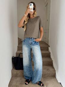 SHEIN LUNE Apricot Color Short Sleeve Simple Casual Women T-Shirt, Spring/Summer