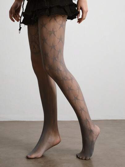 Grunge Punk 1 Pair Vintage-Inspired Asymmetric Star & Floral Hollow Out Fishnet Stockings, Niche Design Gray Pantyhose, Ultra-Thin Elastic See-Through Leggings