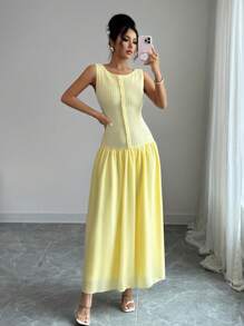 Modelyn Women's Butter Yellow Textured Patchwork Chiffon Buttoned Design Casual Summer Dress - Yellow - View 4