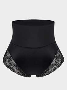 SHEIN 1pc Women Seamless High Waist Shaping Underwear, Lace Patchwork Tummy Control Panty