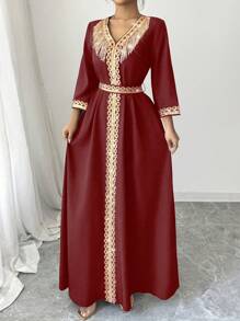 Elenzga 女士优雅流苏亮片拼布连衣裙 - 紅色 - 查看 6