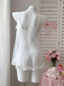 PetitDoll 2件套蕾丝和网眼透视性感A字型内衣睡袍套装，适合外出穿着