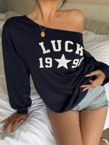 SHEIN 少女宽松不对称领口卫衣，休闲日常深蓝色宽松“幸运”标语印花长袖，适合初秋、秋冬季、返校季，可爱又时尚，适合假日亲子户外活动。 - 藏蓝色 - 查看 6