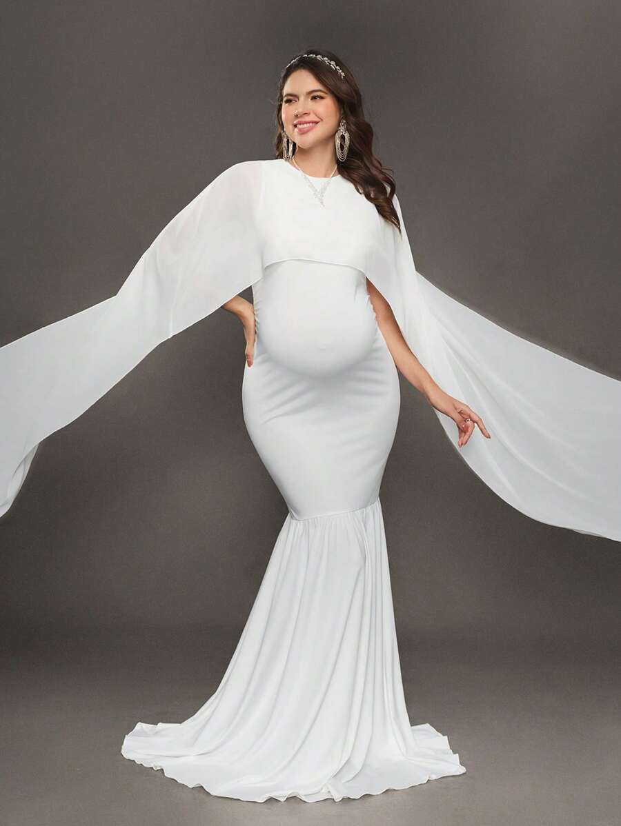 SHEIN Capa de gasa tipo cárdigan y vestido largo de punto ajustado para sesión fotográfica de maternidad, para fiesta de del bebé