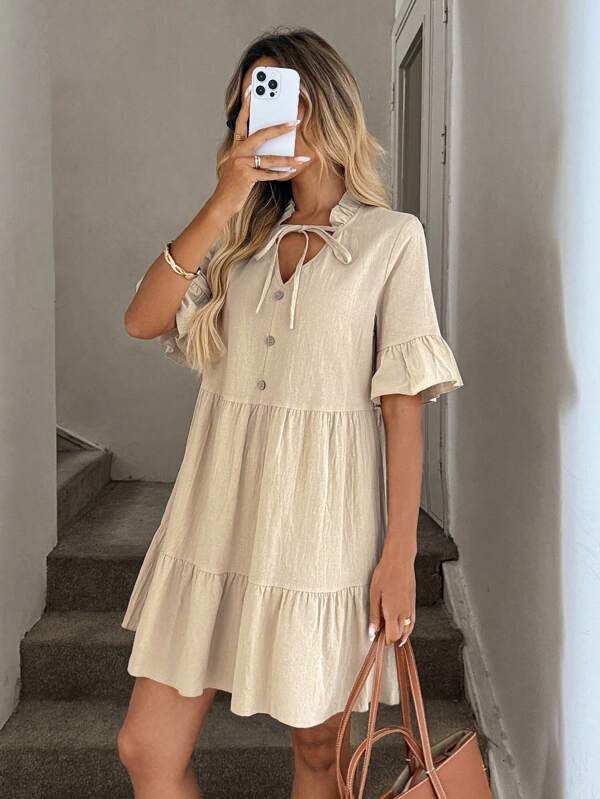 Easowa Women's Cotton Ruched Collar Ribbon Tie V Neck Multi Tier Ruffle Hem Splice Dress, Breathable & Soft