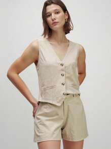 Airaco 2 件套女士休闲纽扣背心和短裤套装，夏季时尚 - 卡其色 - 查看 4