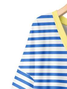 EMERY ROSE Casual Minimalist Blue & Yellow Striped Print Plus Size T-Shirt, Suitable For Summer Beach Resort Suitable For Going Out - Multicolor - View 6