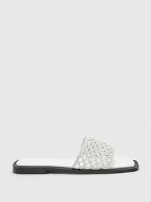 CUCCOO BIZCHIC Women's Square Toe Flat Sandals, Breathable, Comfortable, Versatile, Slip-On Woven Hollow-Out Slip-On Sandals For Spring And Summer Everyday Wear - White - View 7