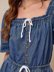 WESTFADE 方领系带前垂腰半袖宽松棉混纺牛仔连体衣乡村西部牛仔女装 - 中等水洗藍 - 查看 4