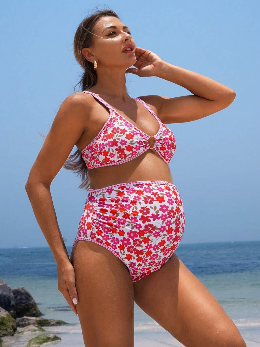 SHEIN 孕妇碎花镂空吊带比基尼套装，夏季 - 彩色 - 查看 1
