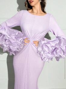 Modelyn Women's Solid Color Round Neck Layered Ruffle Trim Sleeve Slit Hem Fitted Elegant Dress,Bodycon Dress - Purple - View 3