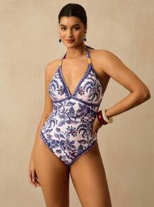 Travachic 大码女式休闲假日热带风情彩色波西米亚印花吊带系带连体泳衣