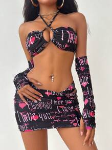 Swim EVENT 4pcs/Set Women's Festival Bikini Set, Includes: Convertible Heart & Letter Print Bandeau Top, Triangle Bottoms, Mini Skirt, And Fingerless Gloves, Suitable For Party & Swim