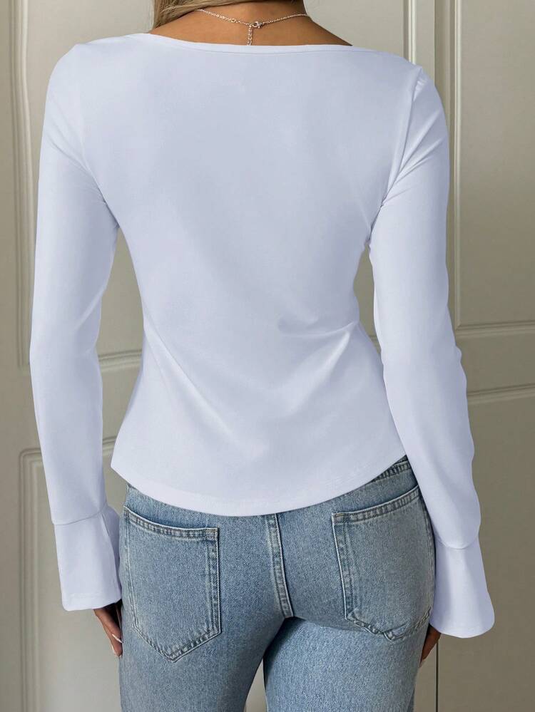 SHEIN EZwear Casual T-Shirt With Tie Cuffs, Flare Sleeves And Side Split Hem, Hazy Blue Color, Autumn - Dusty Blue - View 2