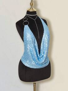 SHEIN ICON 女士性感音乐节度假闪亮亮片透视露背吊带背心，春夏 - 藍色 - 查看 8