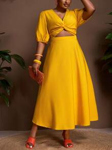 Veslaya Spring & Summer New Plus Size Women Long Maxi Dress, Solid Yellow Deep V-Neck Twist Waist Ruched Flare Sleeve Flared Hem Casual Beach & Party Dress - Yellow - View 9