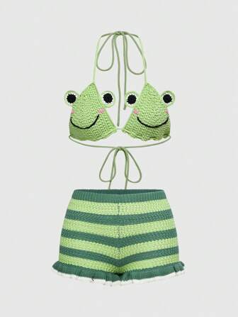 Kawaii 2pcs Kawaii Frog Pattern Women Sweater Set, Summer