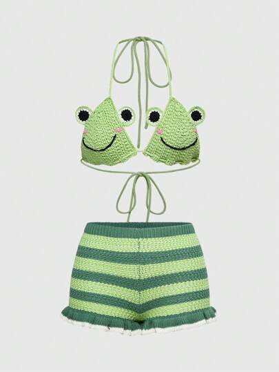 2pcs Kawaii Frog Pattern Women Sweater Set, Summer