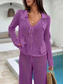 SHEIN Completo estivo da donna in due pezzi, abito da spiaggia in cotone bianco lavorato a uncinetto, stile boho, da indossare in vacanza o in resort