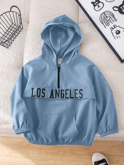 SHEIN 1 件装年轻男孩休闲可爱绿色轻便连帽半拉链英文图案夹克，适合外出、上学、秋冬季